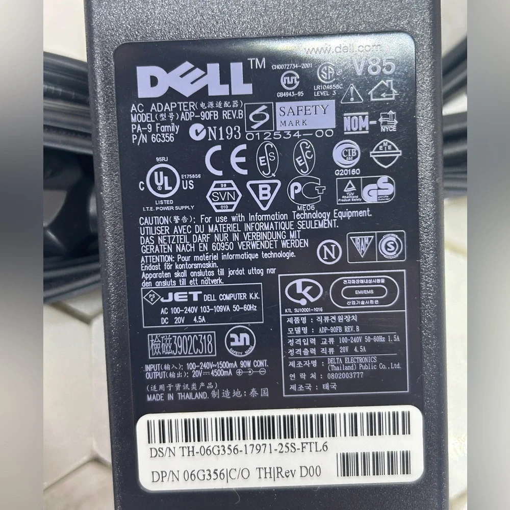 Dell Laptop Charger Model ADP-90FB PA-9 Family AC 100-240 103-109VA DC 20V 4.5A